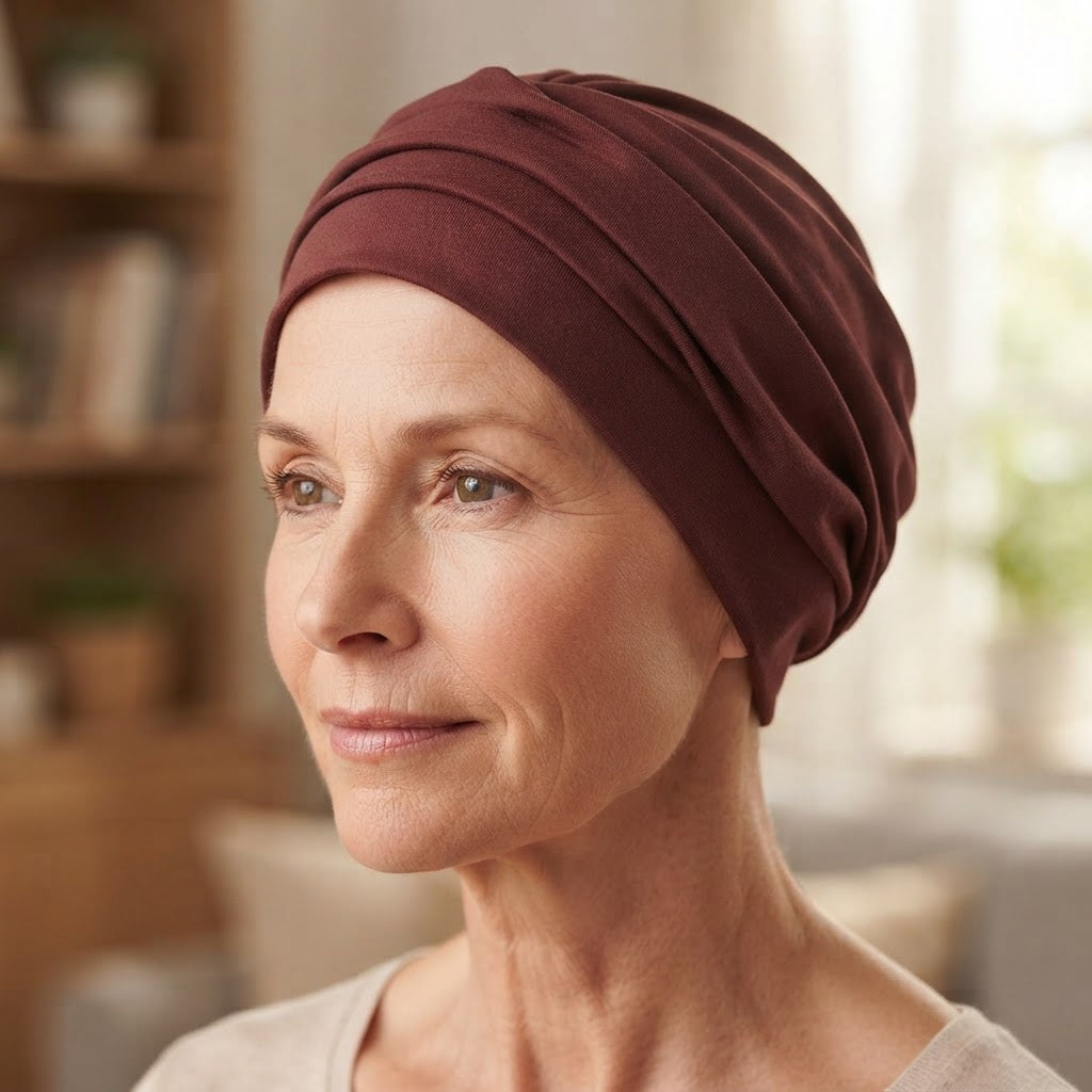 A close-up of a woman wearing a dark burgundy fabric head covering or turban hat, shown in a softly lit indoor setting.