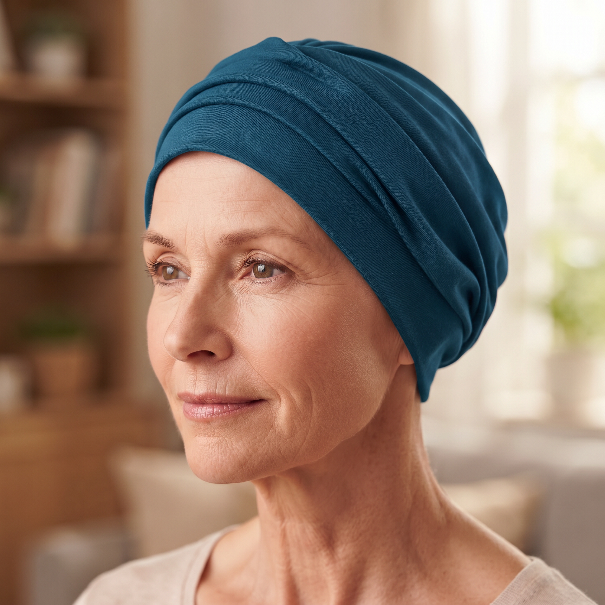A close-up portrait of a woman wearing a teal blue fabric head covering or turban-style cap, shown in a softly lit indoor setting.