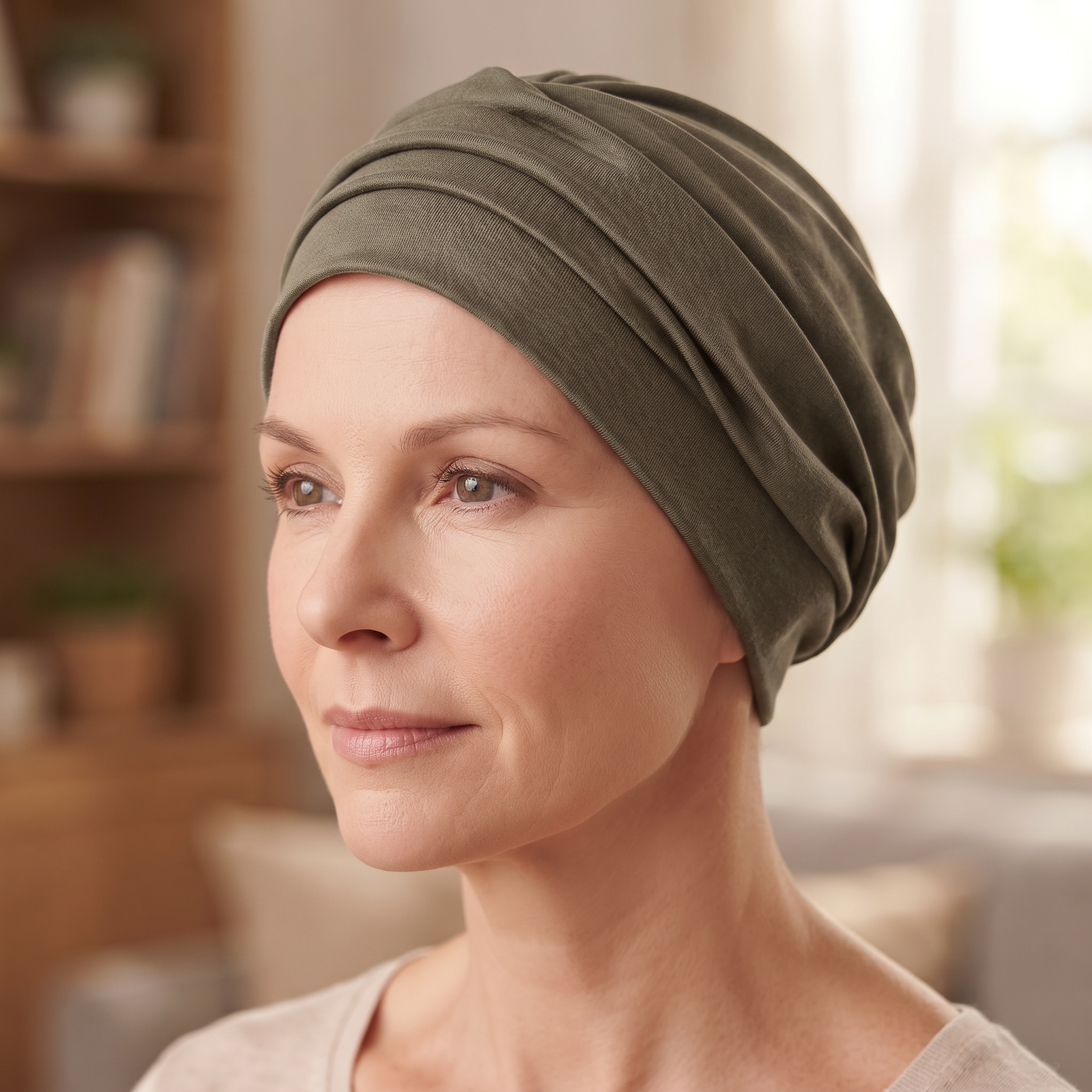 A close up of a woman wearing green hat for hair loss, in a living room setting.
