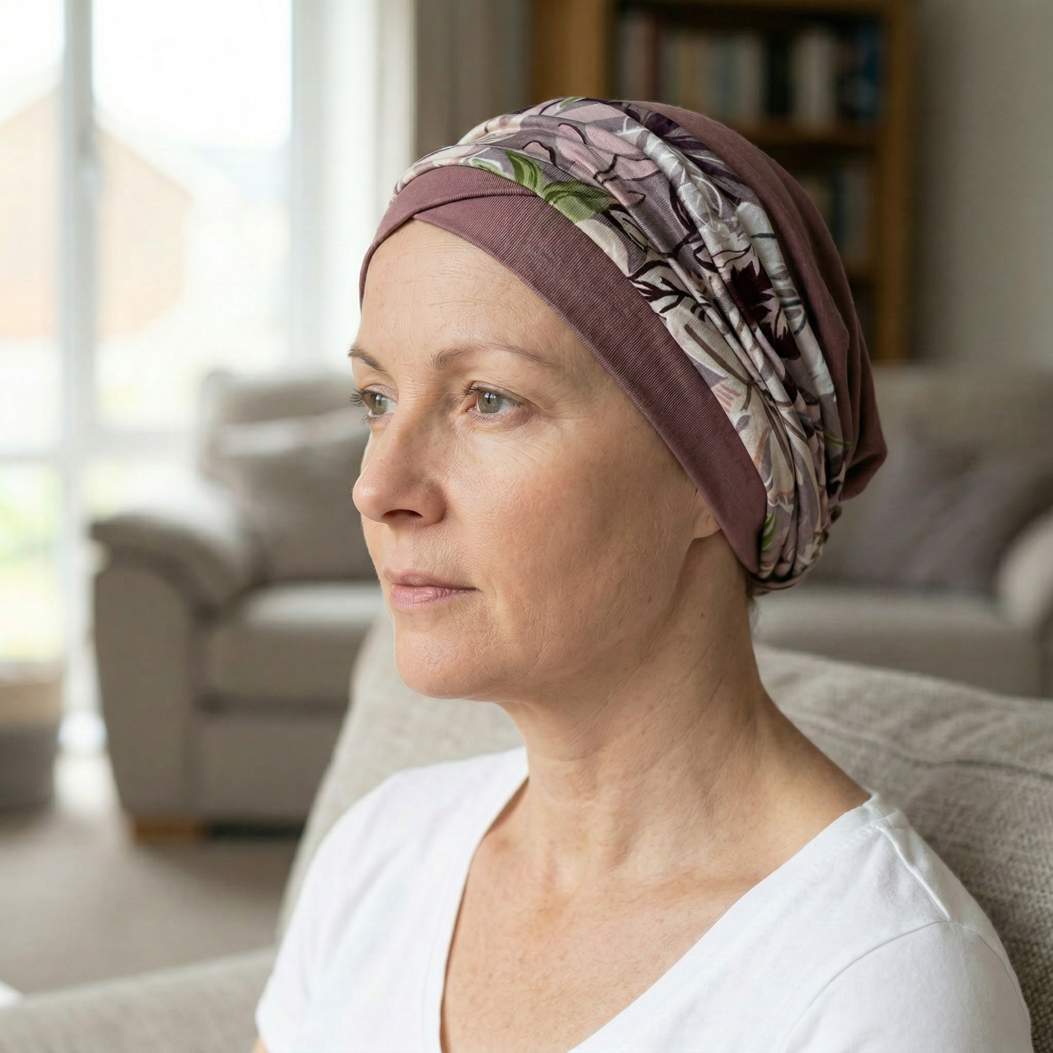 Woman wearing a patterned hat for cancer patients in a living room setting