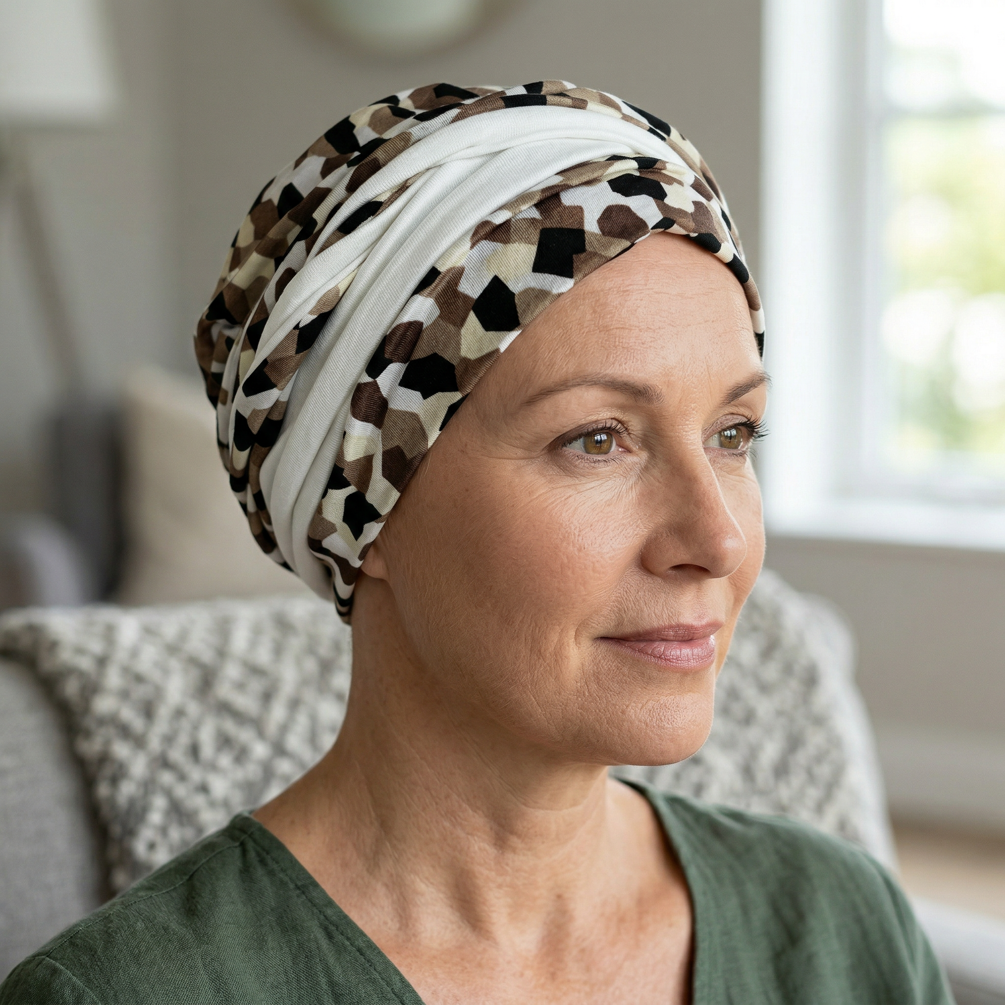 Woman wearing a patterned cancer headscarf in a home setting