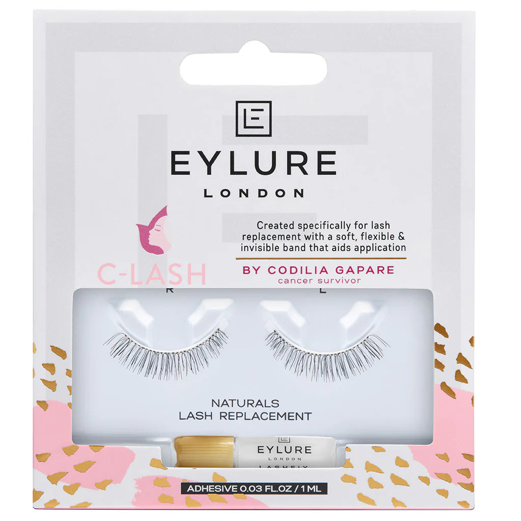 Eylure London C-Lash lash replacement strips in retail packaging, showing two pairs of natural lash fibers and a small adhesive tube at the bottom.