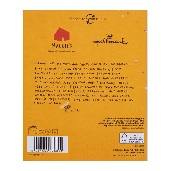 Back of a card with text and Hallmark branding on an orange background