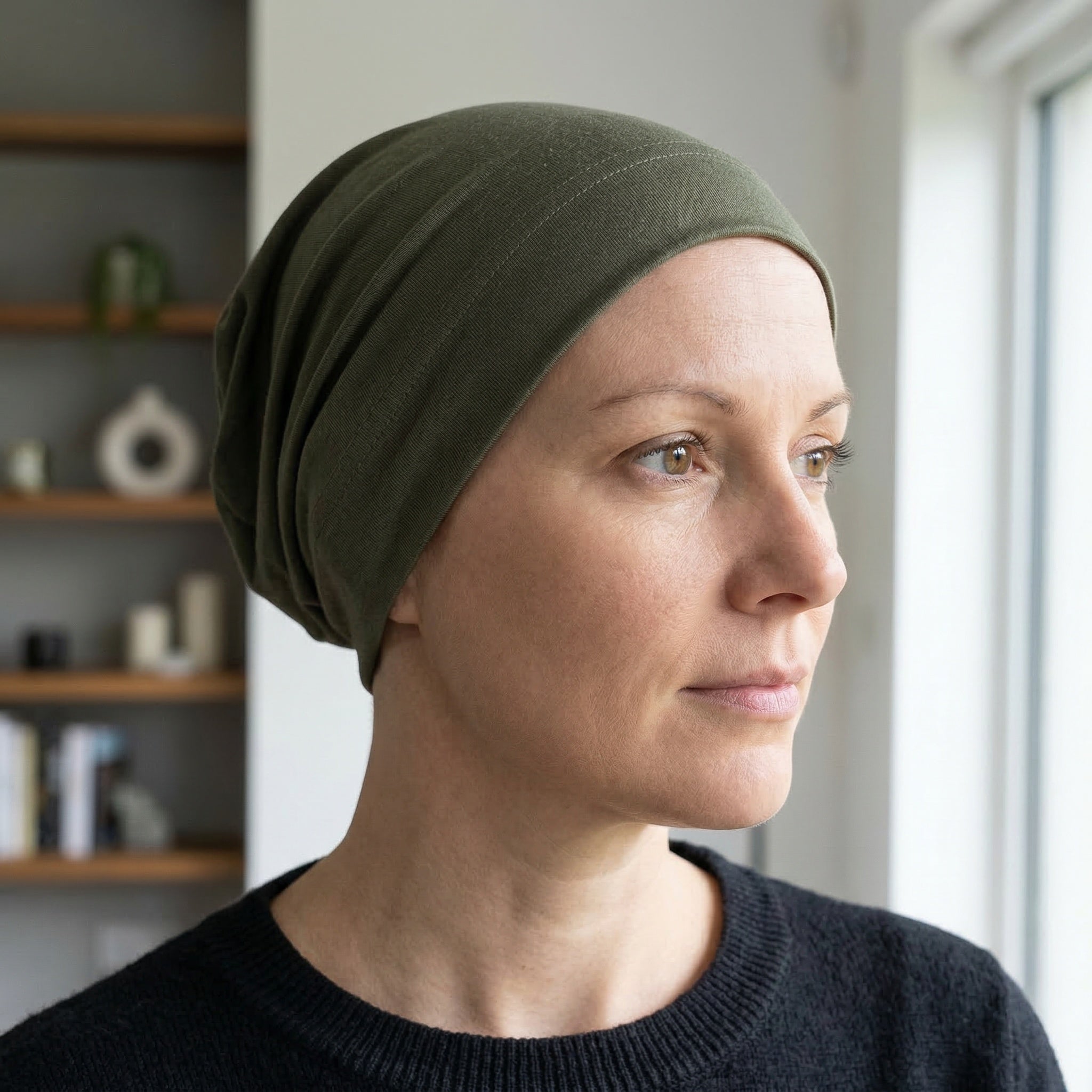 Woman wearing a green chemo sleep beanie in a room with shelves and a window.