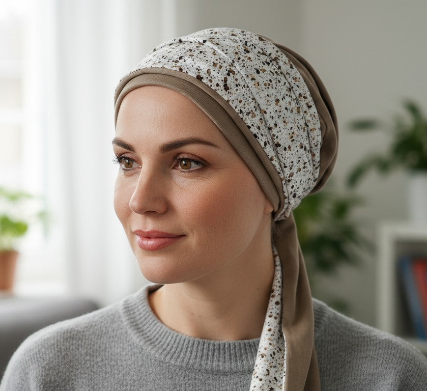 Woman wearing a patterned chemo headscarf in an indoor setting