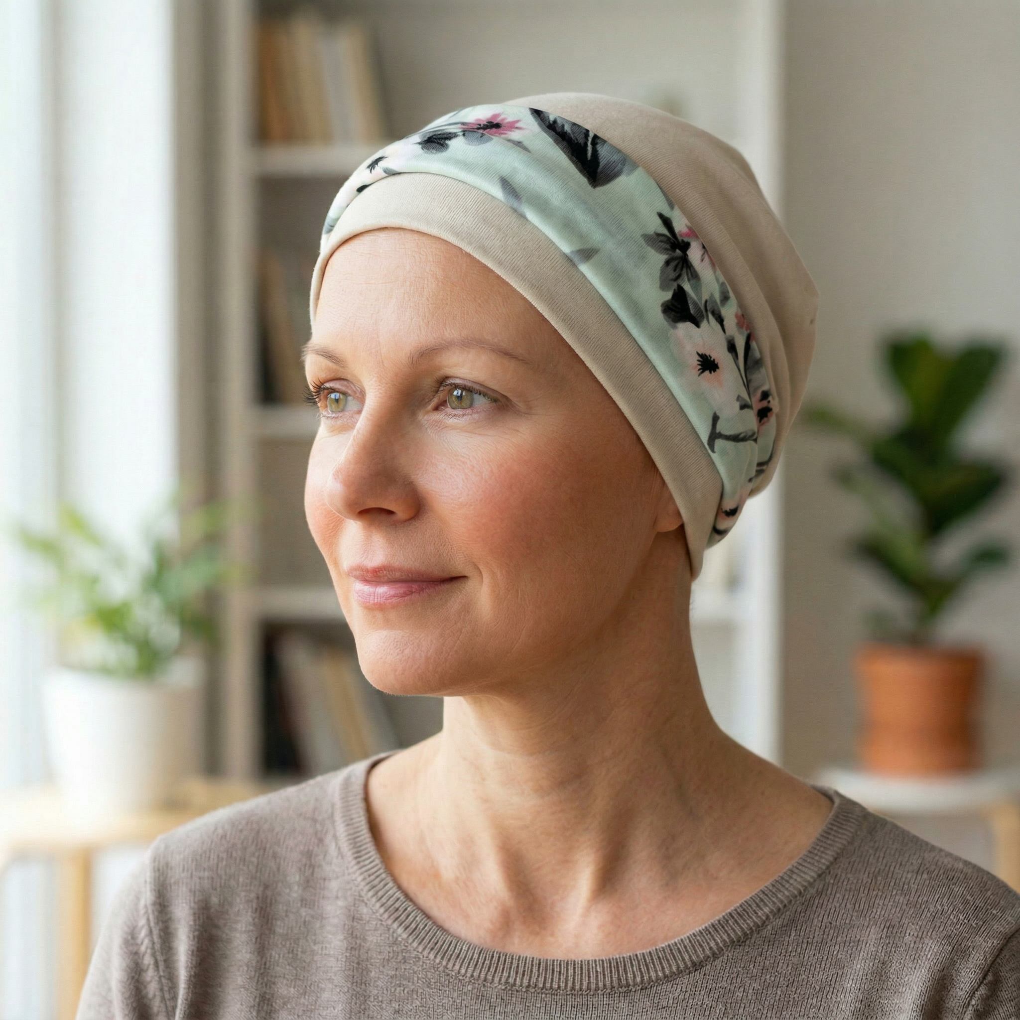 Woman wearing a floral hat for chemotherapy patients in a home setting
