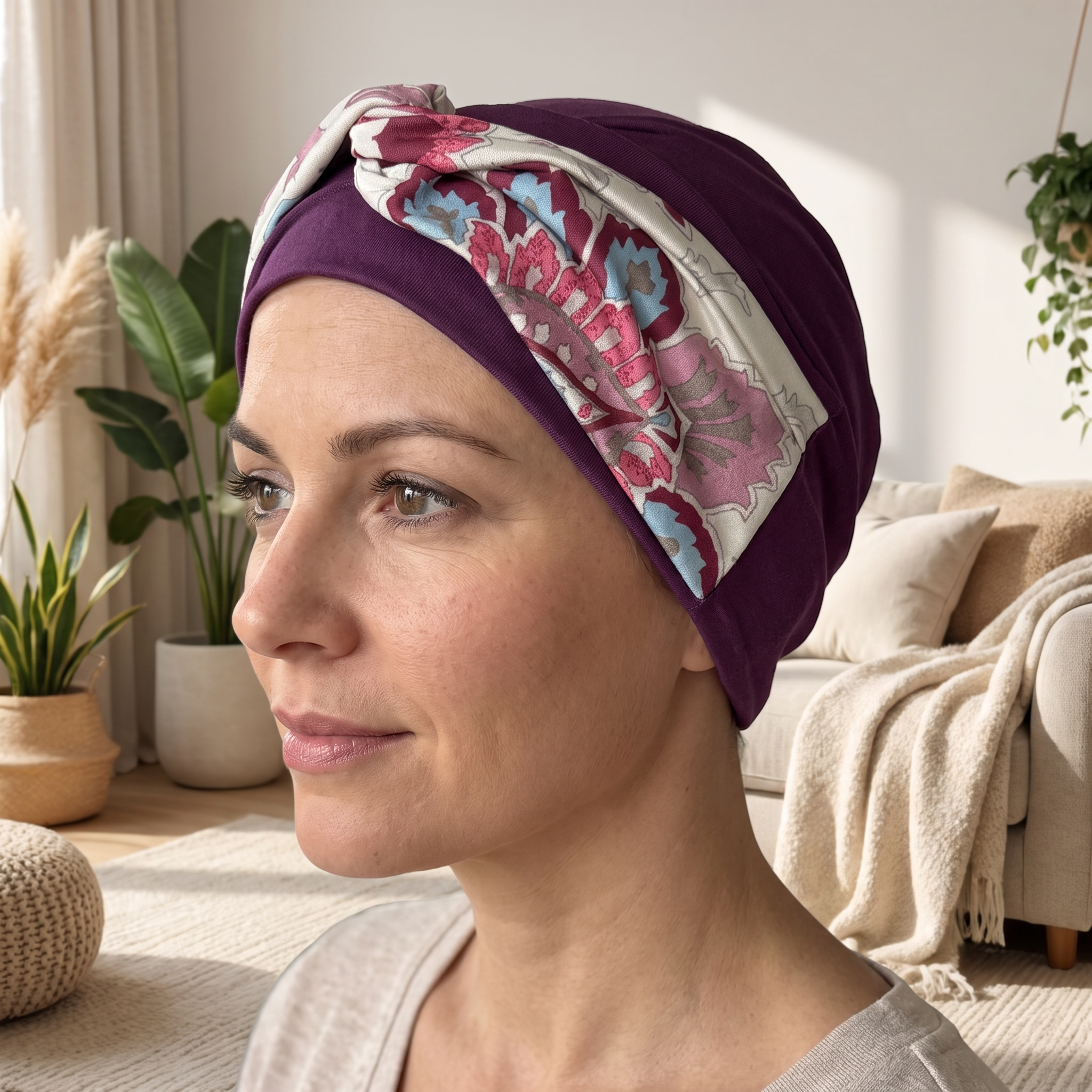 A woman wearing a deep purple chemo headwrap with a colorful floral pattern in pink, blue, and white, shown in a brightly lit living room setting.