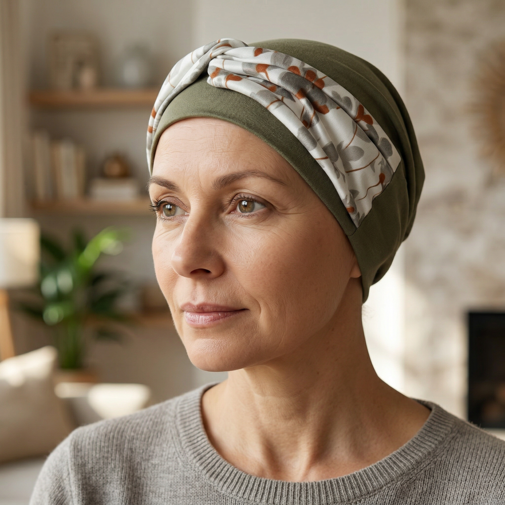 Woman wearing a chemo headscarf in a cozy indoor setting