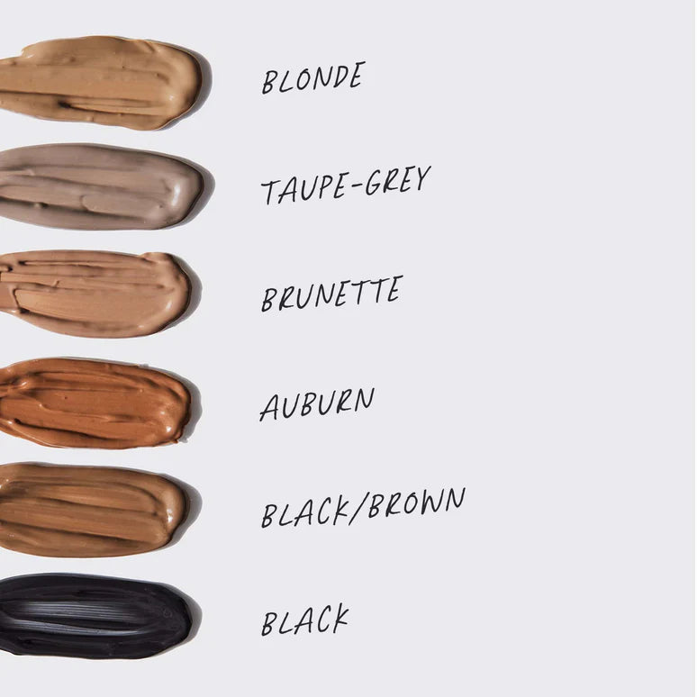 Color swatches of blonde, taupe-grey, brunette, auburn, black/brown, and black on a white background.