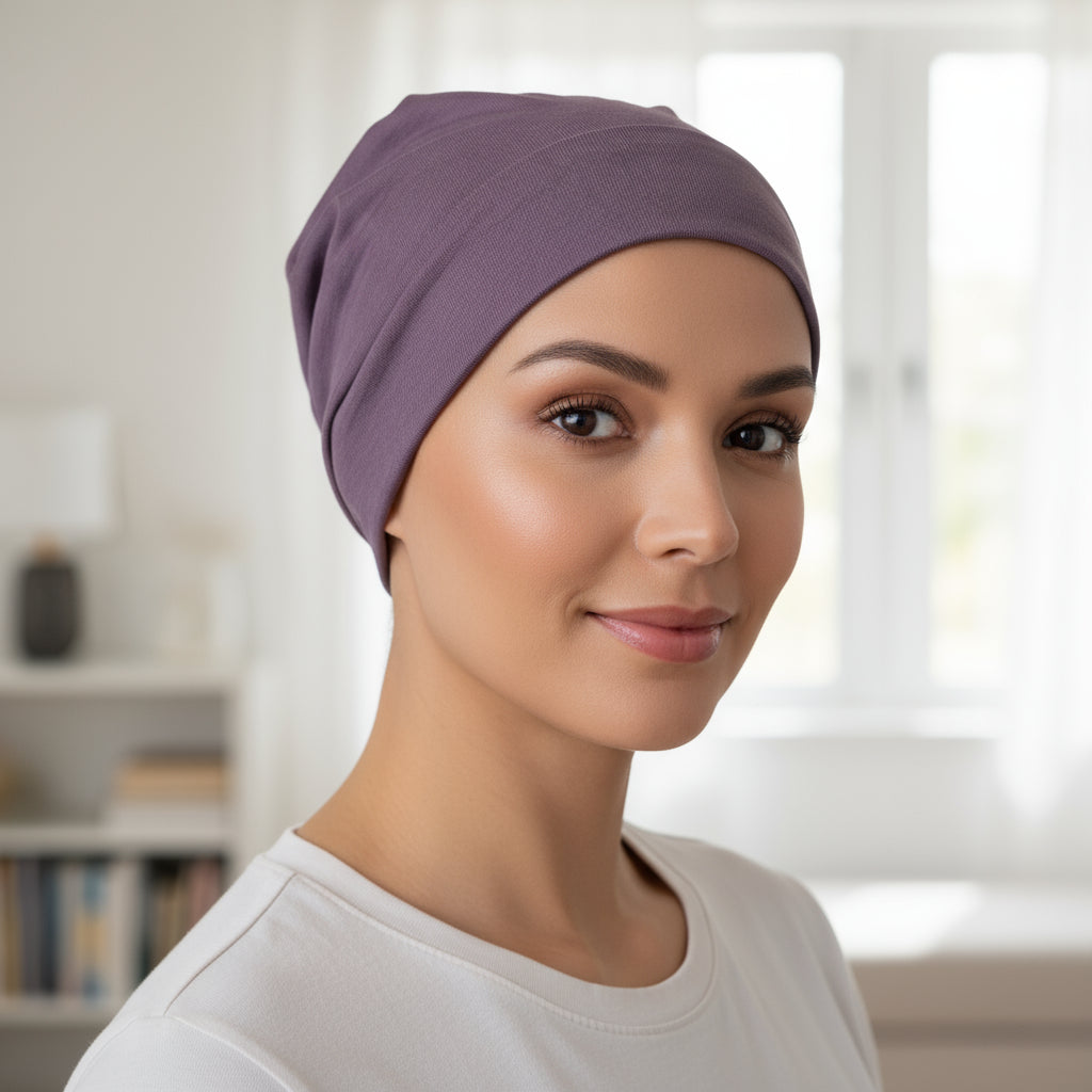 Woman wearing a purple chemo sleep hat indoors with a blurred background