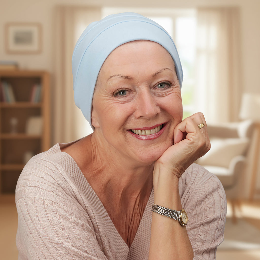 Woman wearing a light blue chemo hat for hair loss in a home setting
