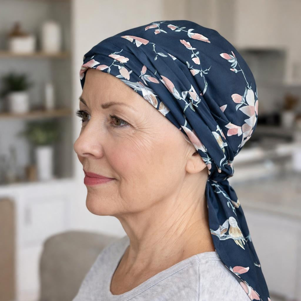 Woman wearing a floral headscarf for chemotherapy patients in a kitchen setting