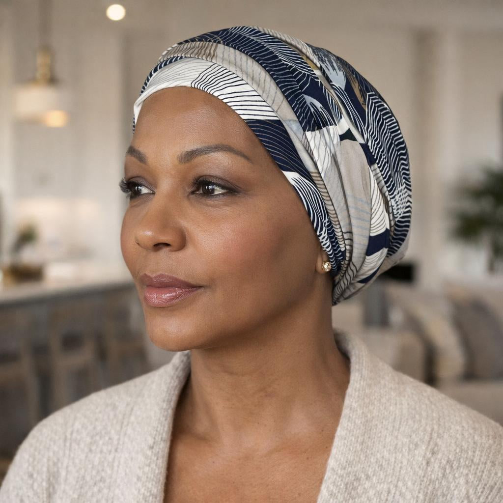 Woman wearing a patterned headscarf for cancer patients in an indoor setting