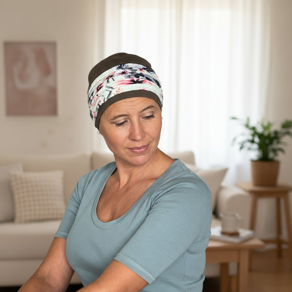 Woman wearing a patterned hat for cancer patients in a living room setting
