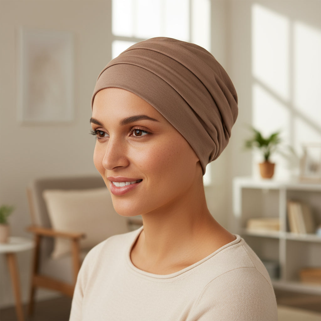 Woman wearing a beige cancer headscarf in a bright room with natural light