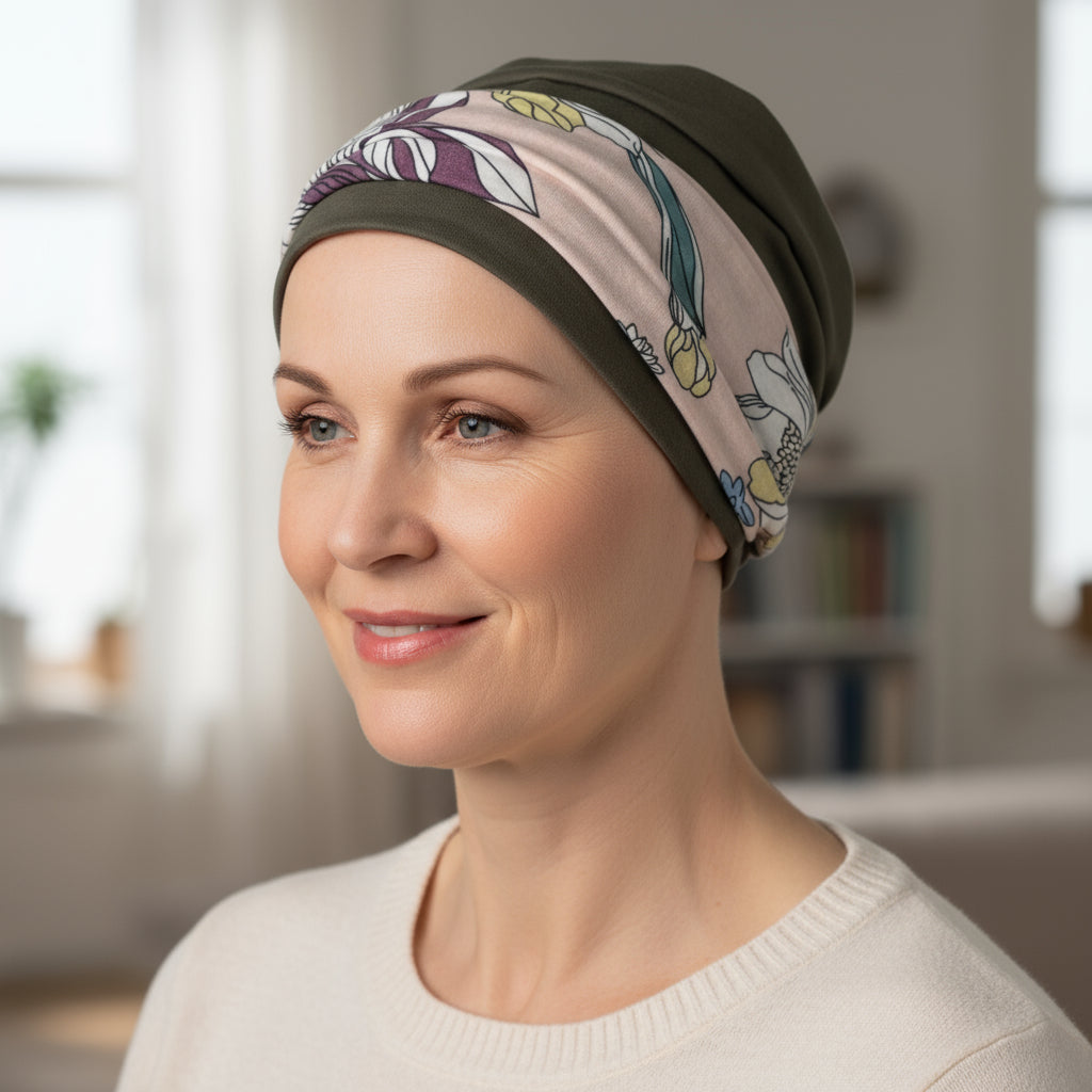 Woman wearing a patterned chemo hat in an indoor setting