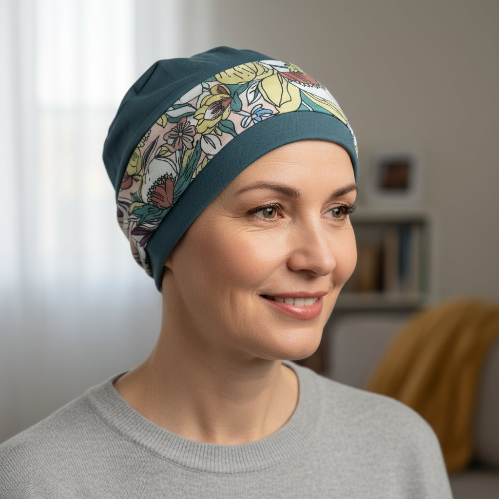 Woman wearing a colorful chemo hat for hair loss with a pattern of leaves and flowers, smiling indoors.