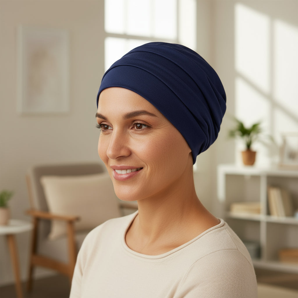 Woman wearing a navy blue headscarf for chemo in a bright room with natural light.