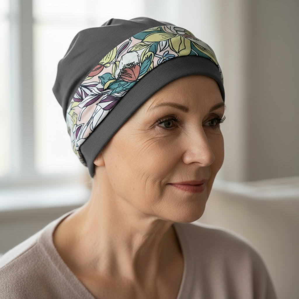 Woman wearing a gray chemo hat with floral patterns, sitting indoors.