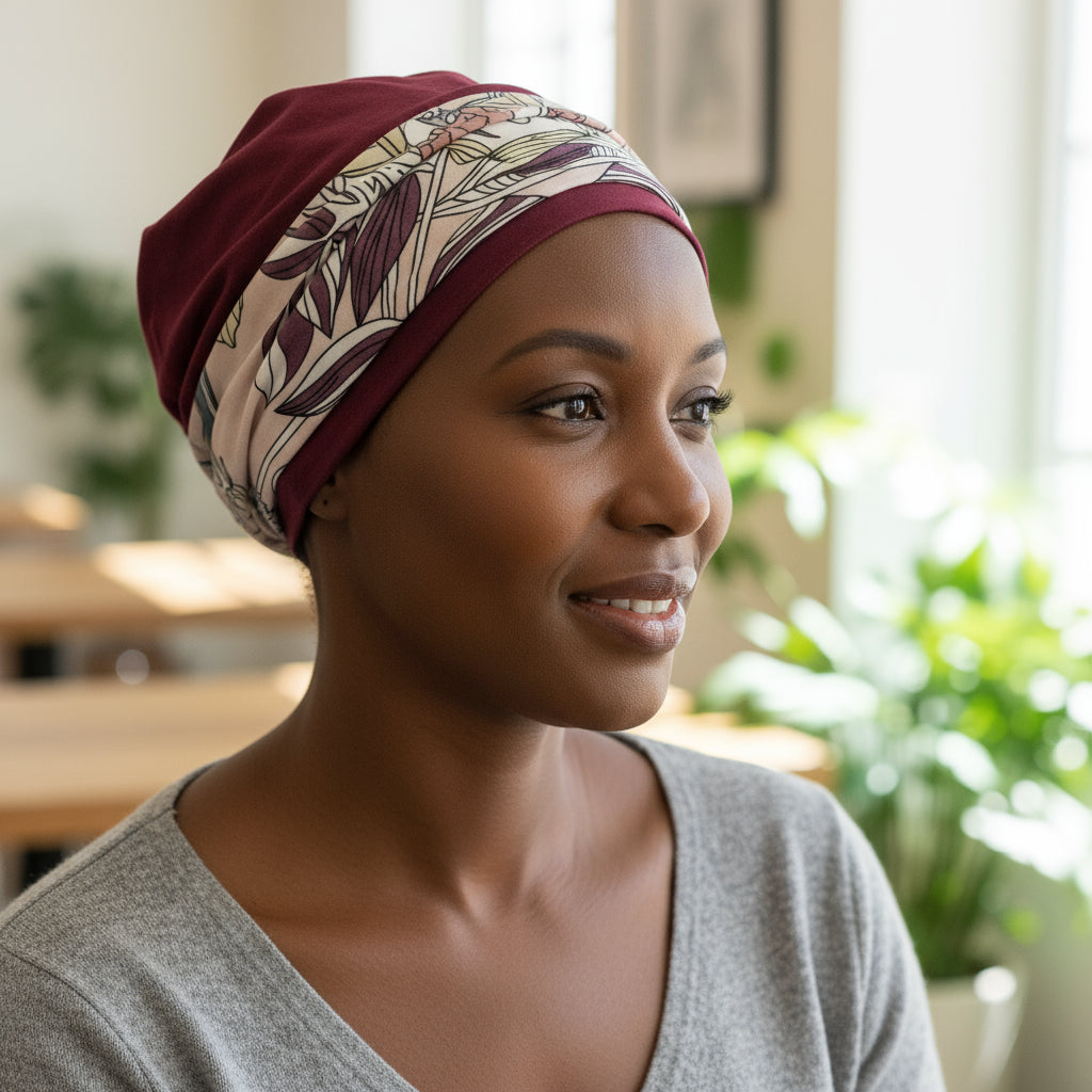 Woman wearing a patterned chemo hat for cancer patients in an indoor setting with plants.