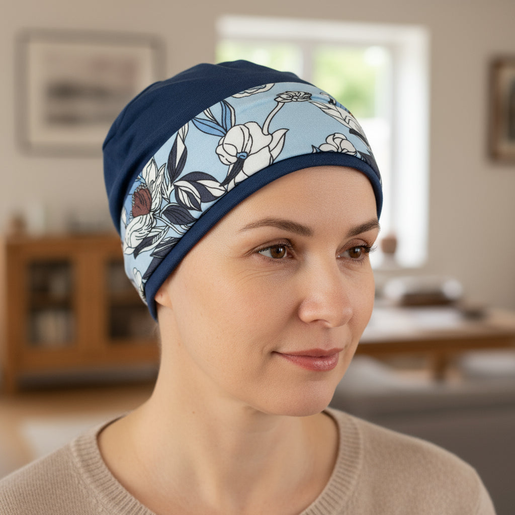 Woman wearing a blue chemo hat with floral pattern in a room setting