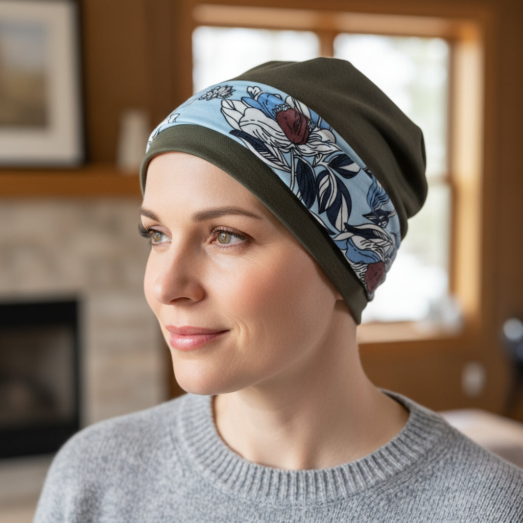 Woman wearing a floral-patterned chemo hat in a home setting