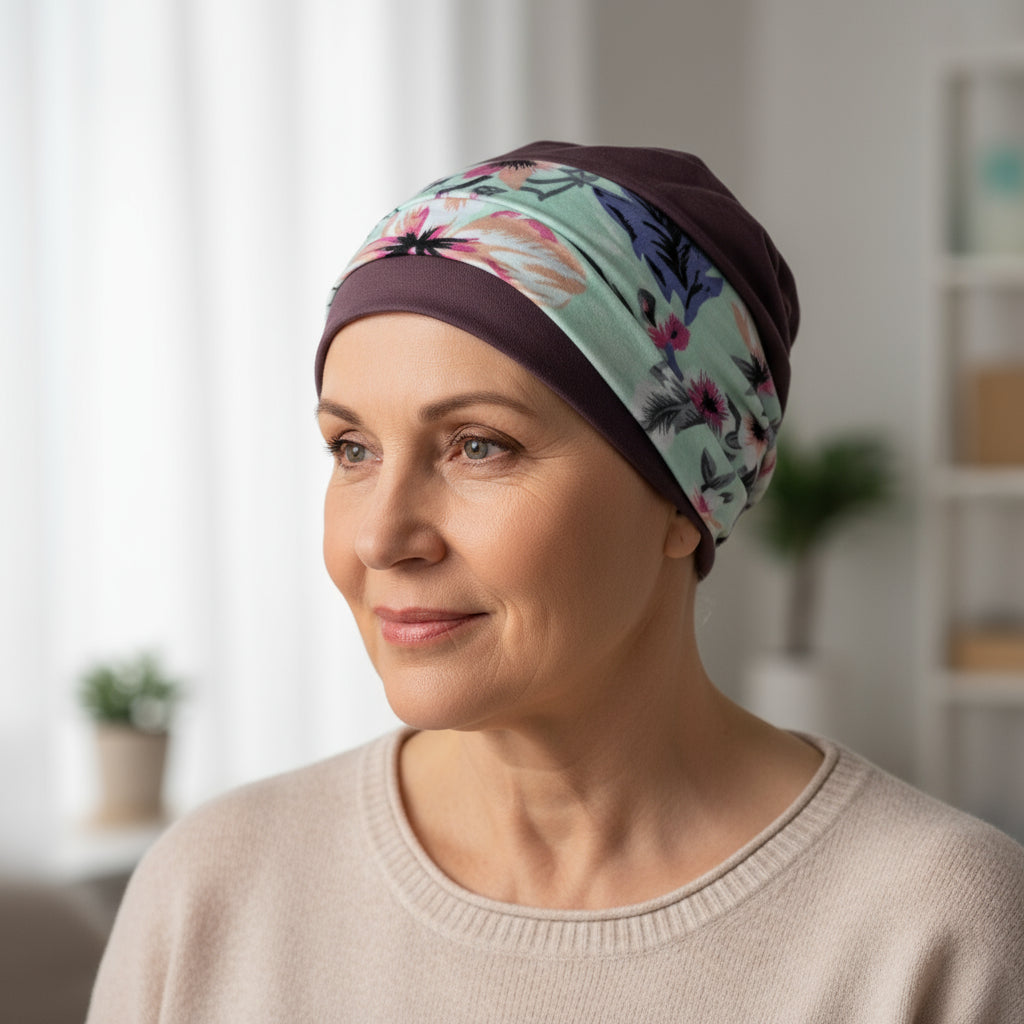 Woman wearing a floral hat for cancer patients in an indoor setting