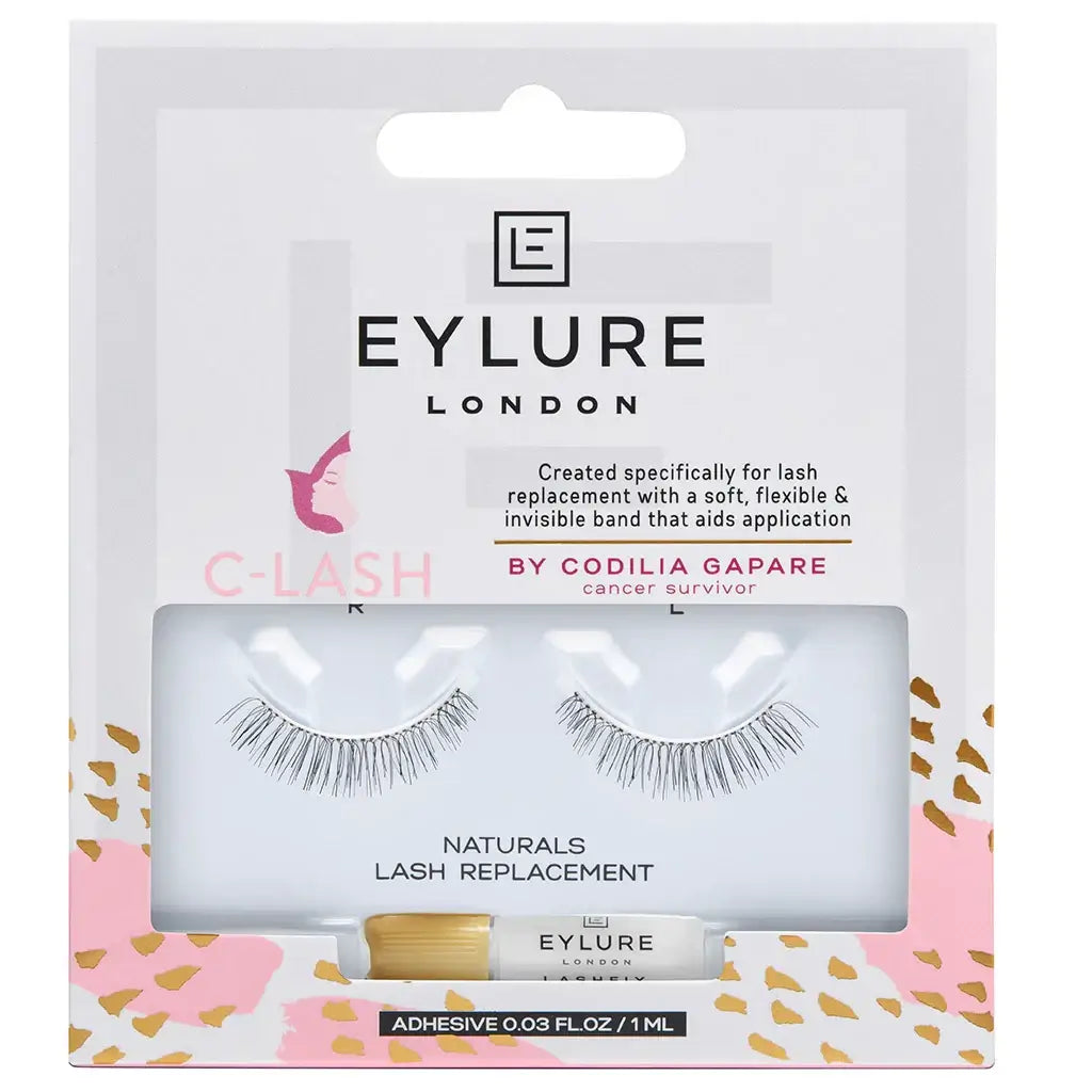 Eylure London C-Lash lash replacement strips in retail packaging, showing two pairs of natural lash fibres and a small adhesive tube at the bottom.