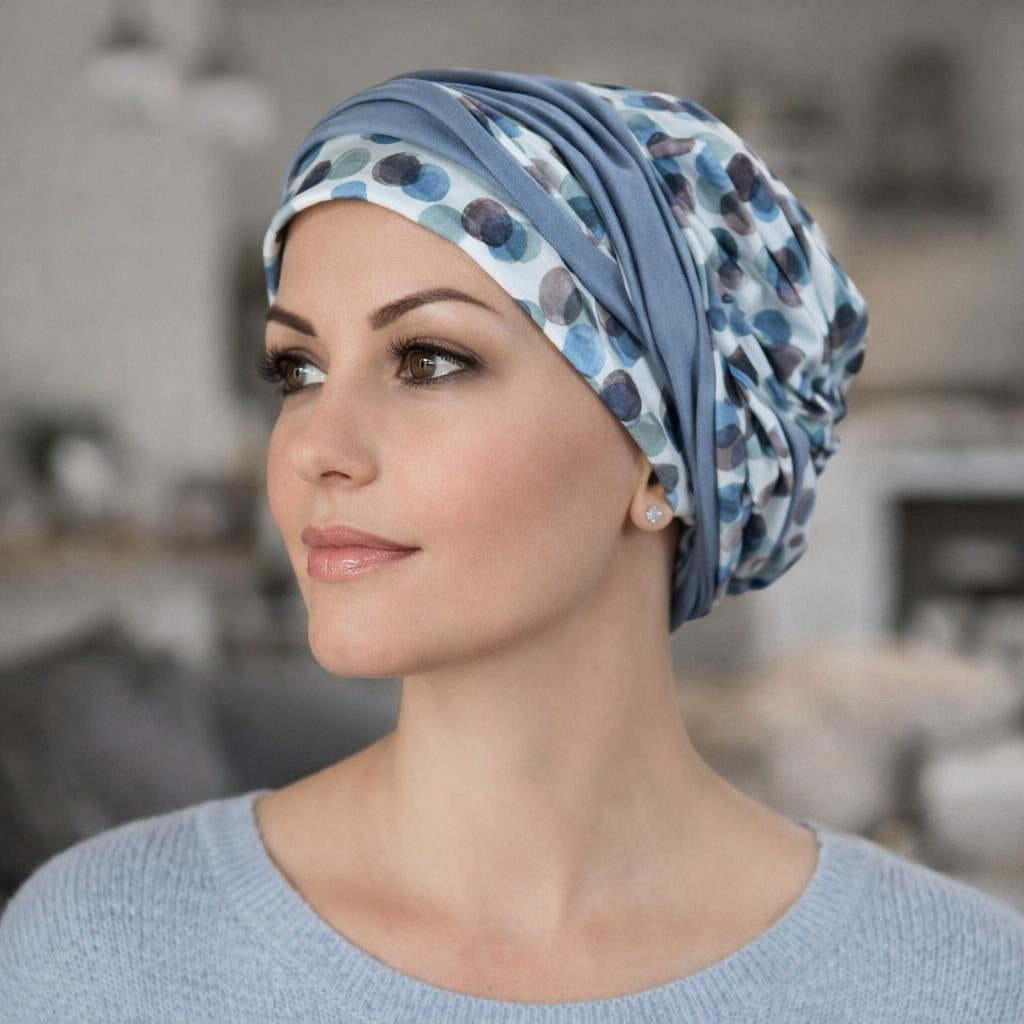 Woman wearing a patterned headscarf for cancer patients in an indoor setting