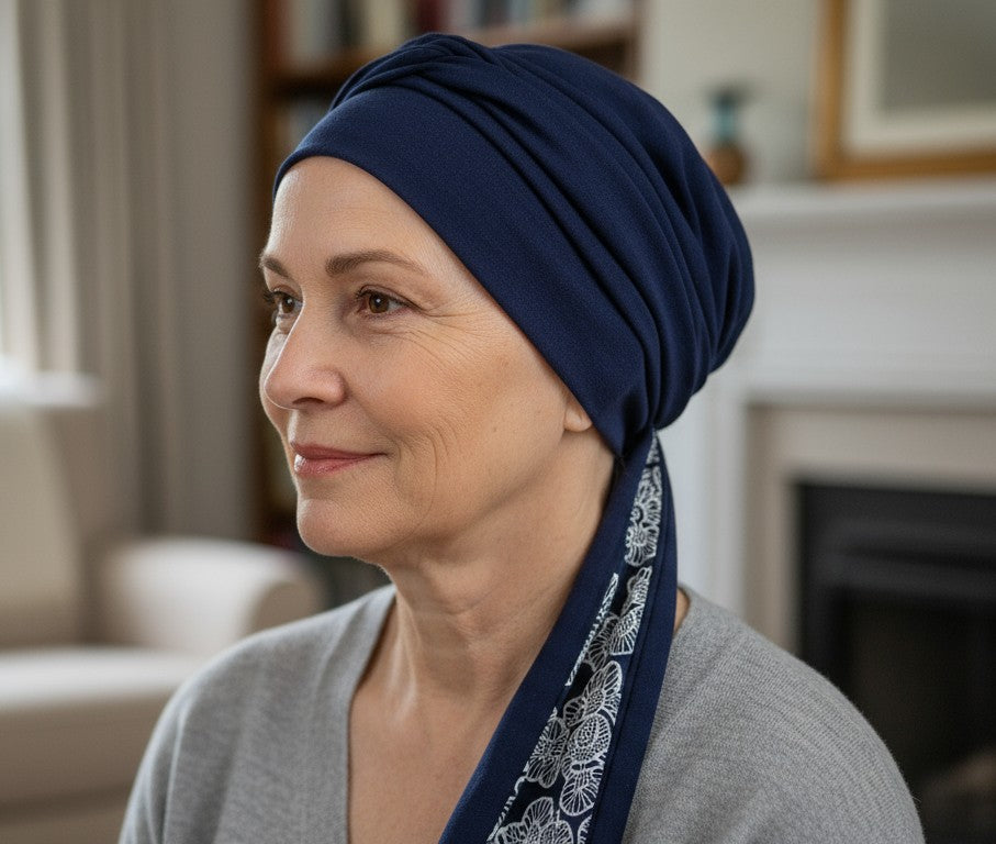 Woman wearing a navy blue headscarf for chemotherapy with lace details indoors.