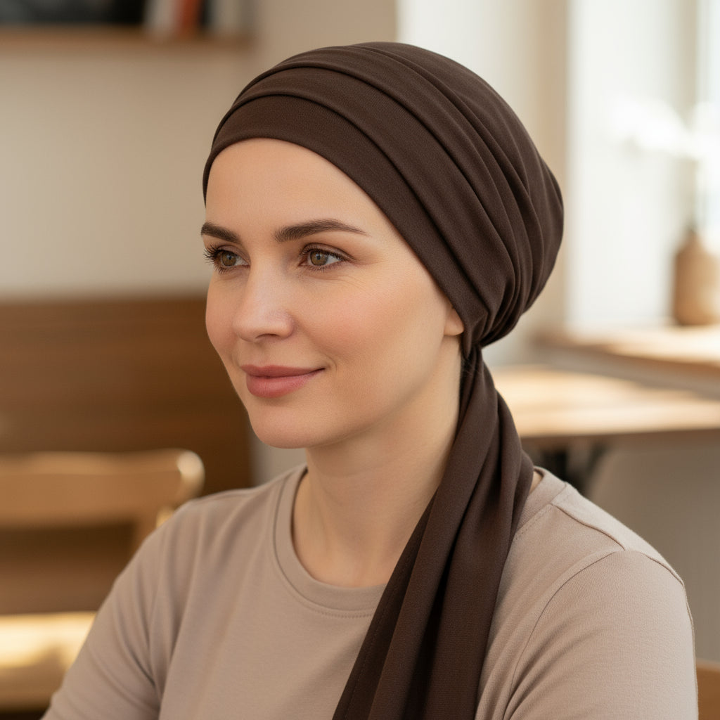 Woman wearing a brown chemo headscarf in an indoor setting