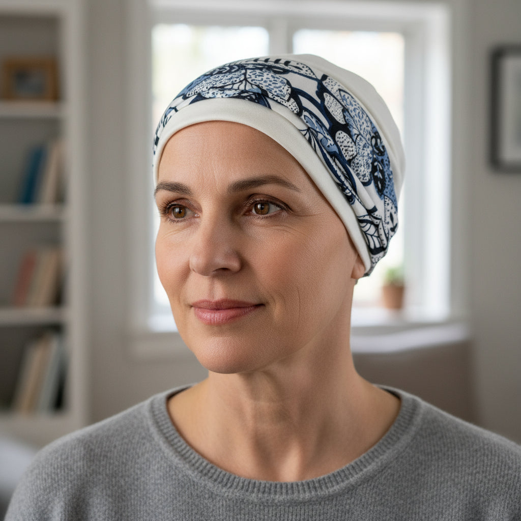 Woman wearing a patterned hat for chemotherapy patients in an indoor setting