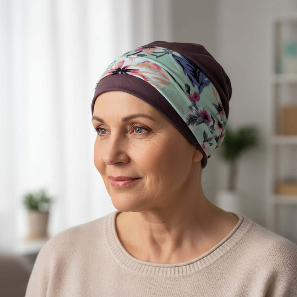 Woman wearing a floral hat for cancer patients in an indoor setting