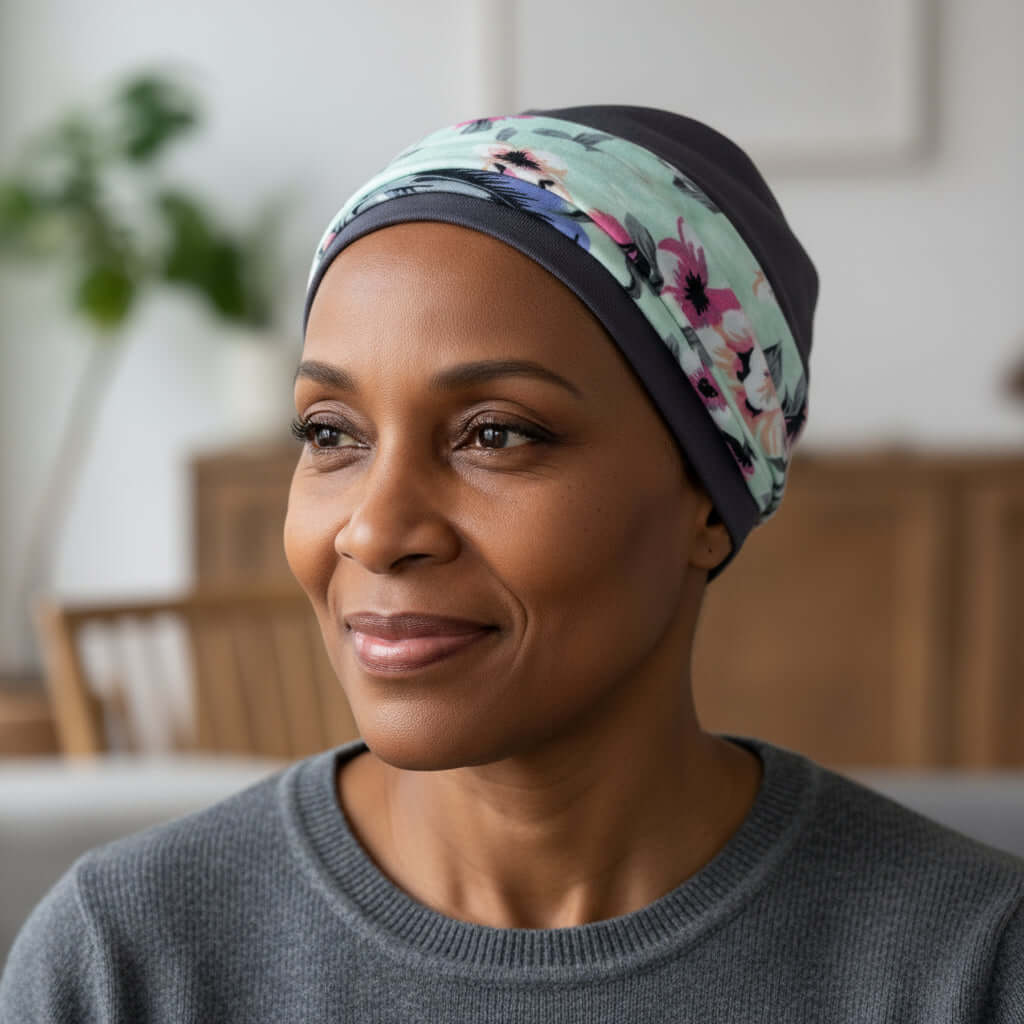 Woman wearing a floral hat for chemotherapy patients in an indoor setting