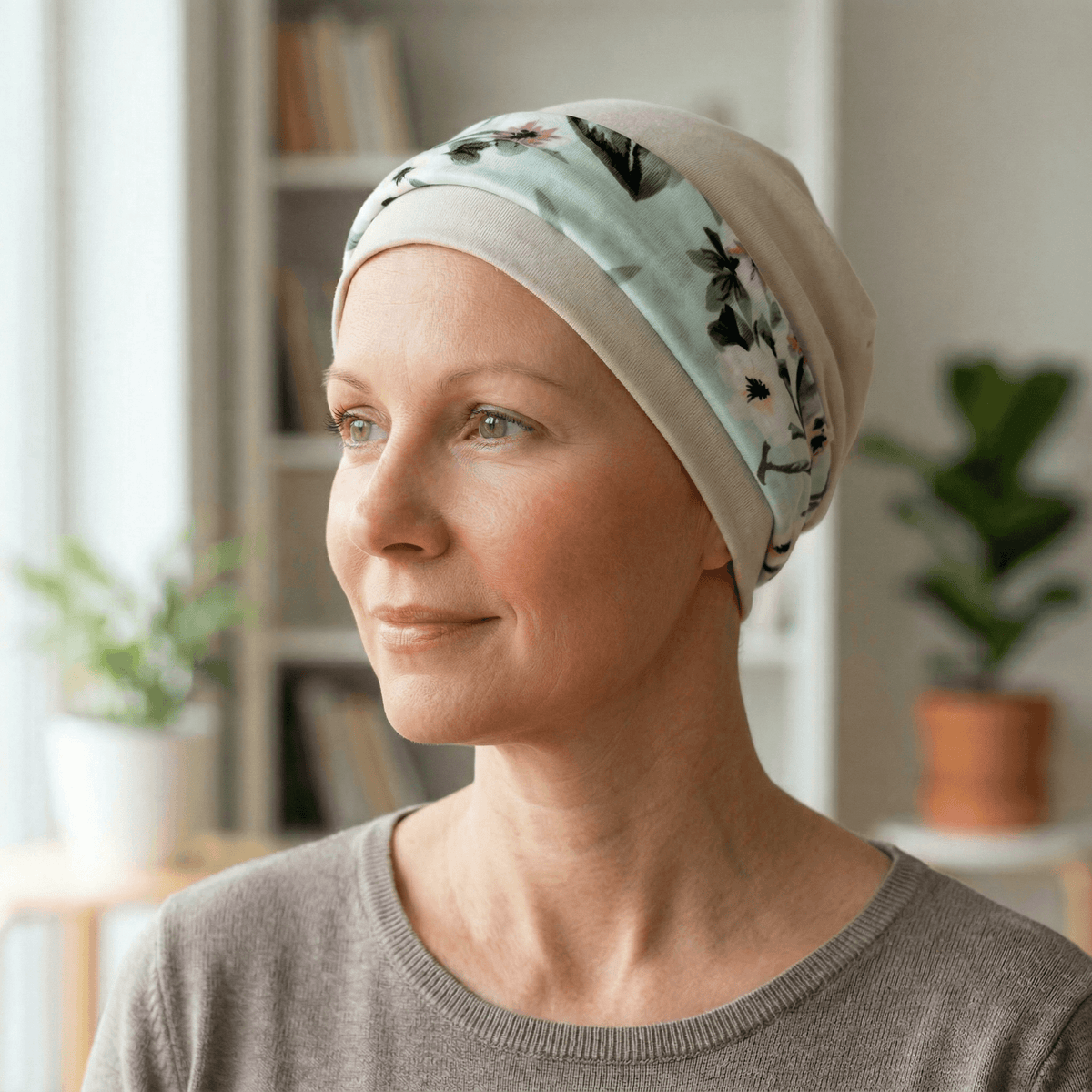 Woman wearing a floral hat for chemotherapy patients in a home setting