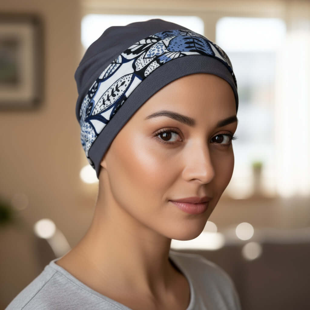 Woman wearing a patterned hat for chemotherapy patients in an indoor setting