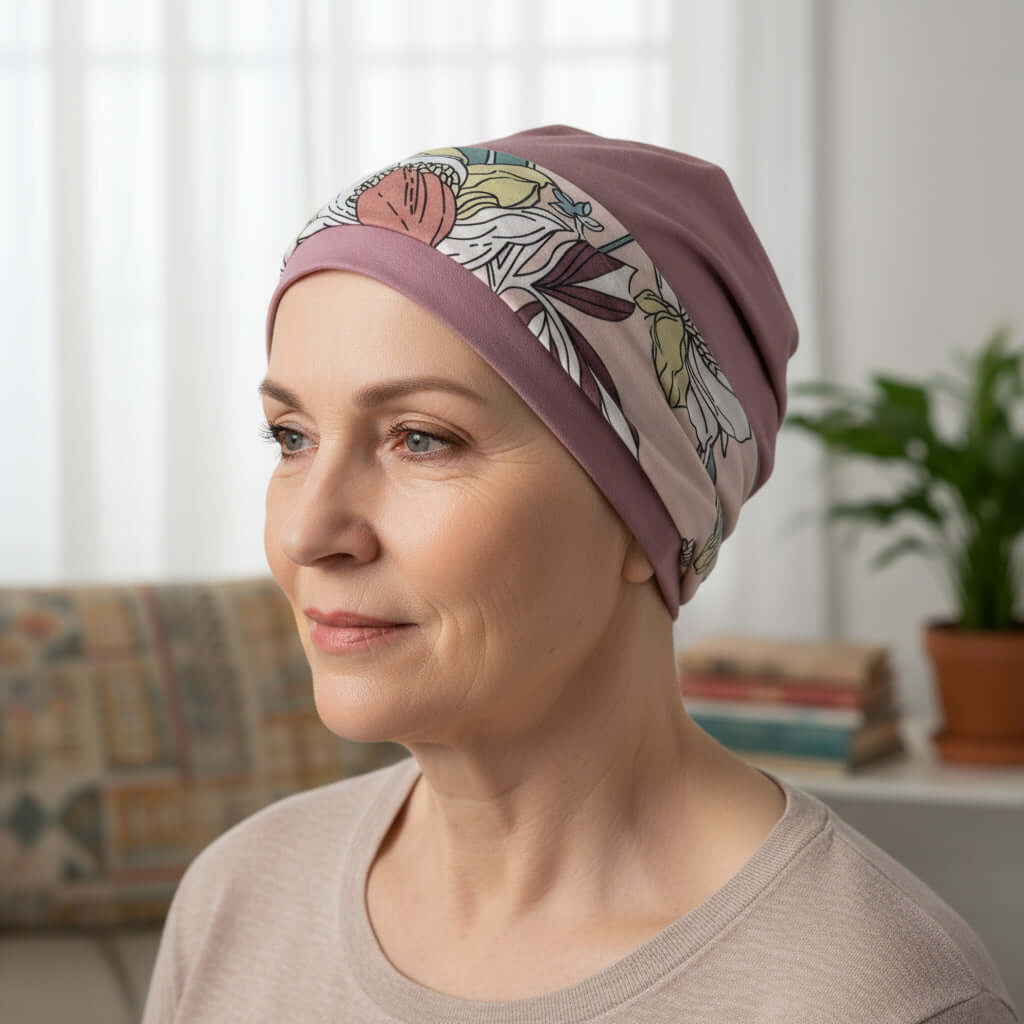 Woman wearing a patterned cancer hat in a home setting