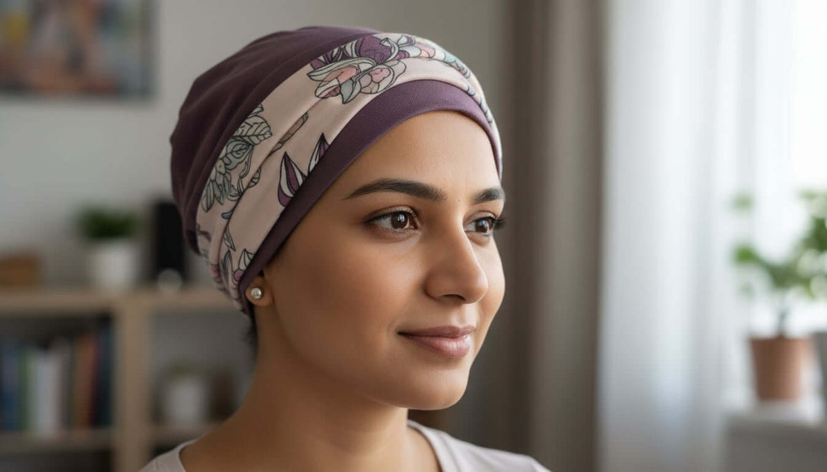 Woman wearing a chemo hat with a floral pattern in a home setting