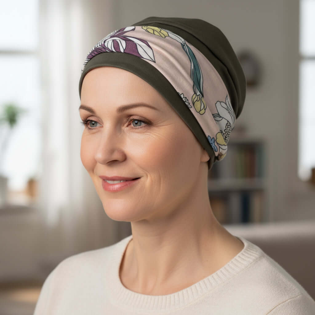 Woman wearing a patterned chemo hat in an indoor setting