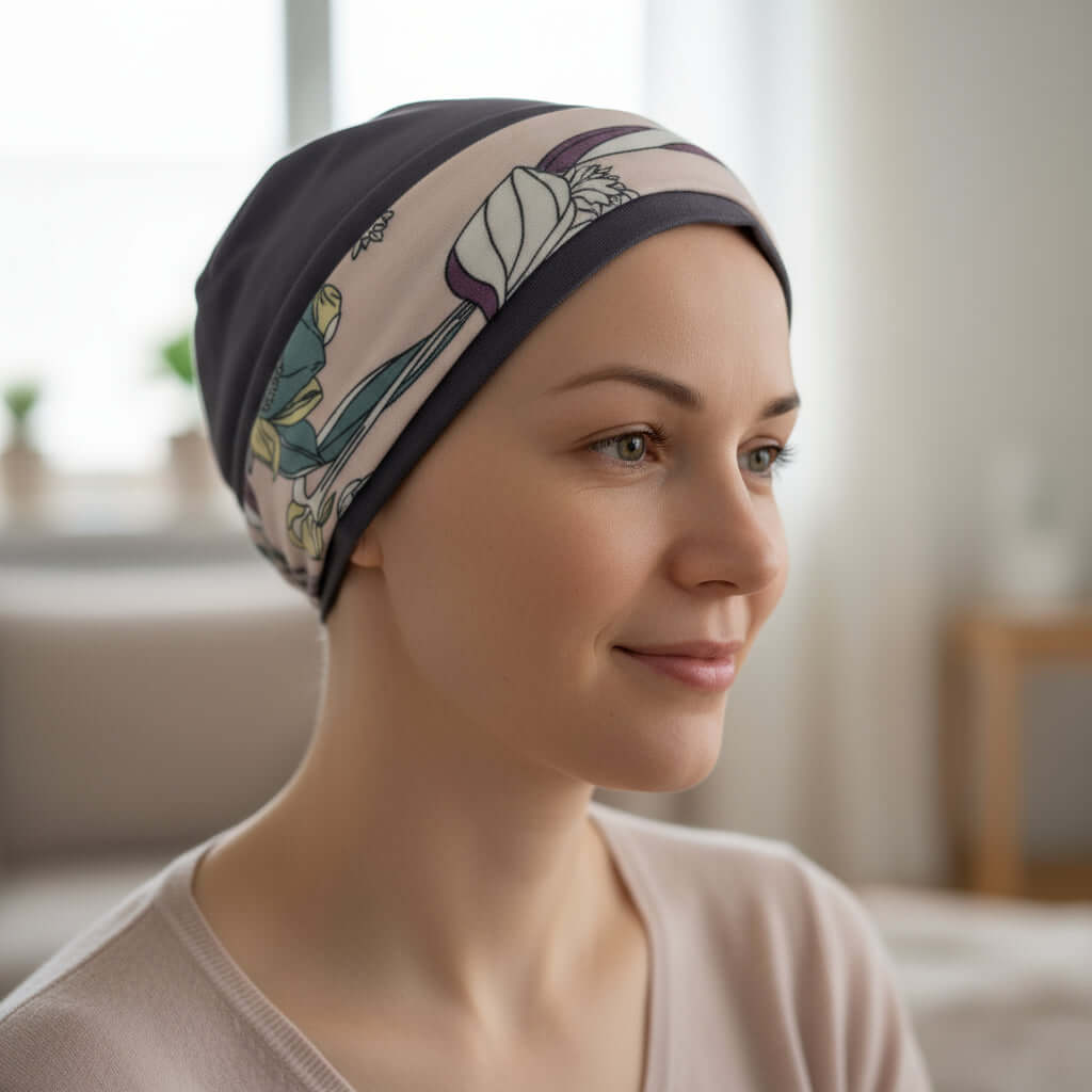 Woman wearing a patterned chemo hat in a bright indoor setting