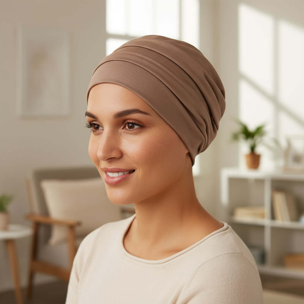 Woman wearing a beige cancer headscarf in a bright room with natural light