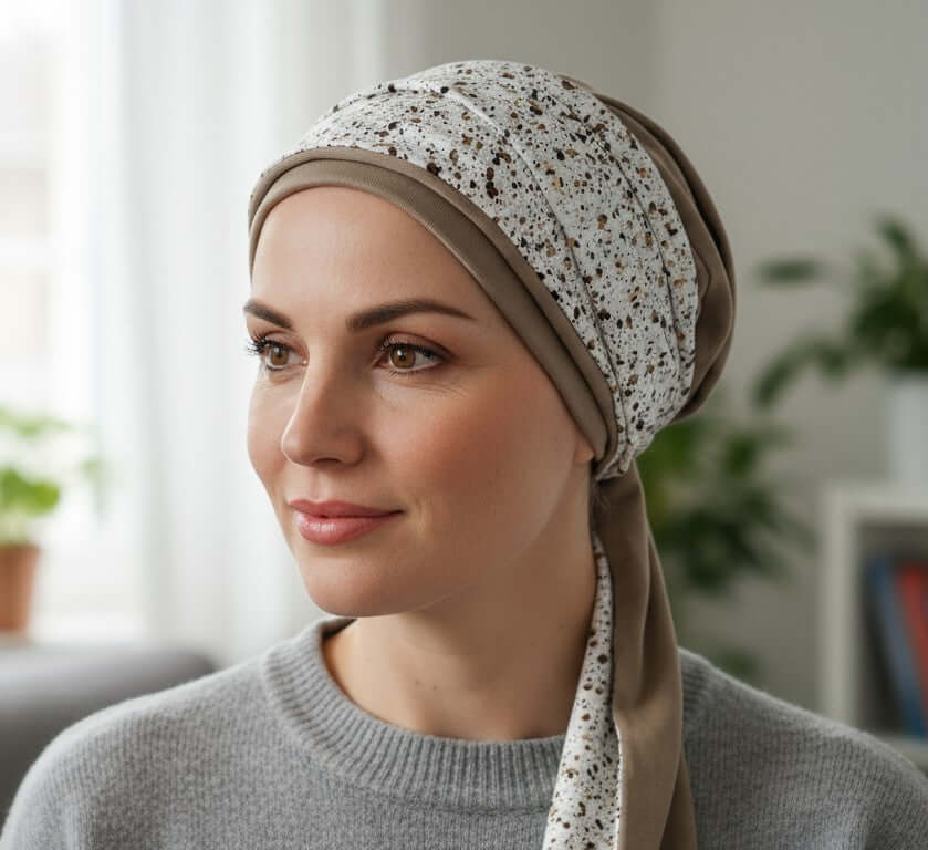 Woman wearing a patterned chemo headscarf in an indoor setting