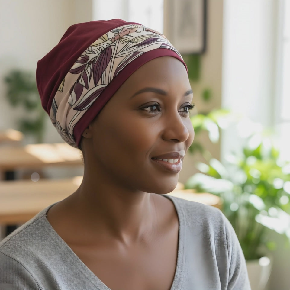 A woman wearing a chemo hat and headband set in berry and pink looking at the camera and smiling