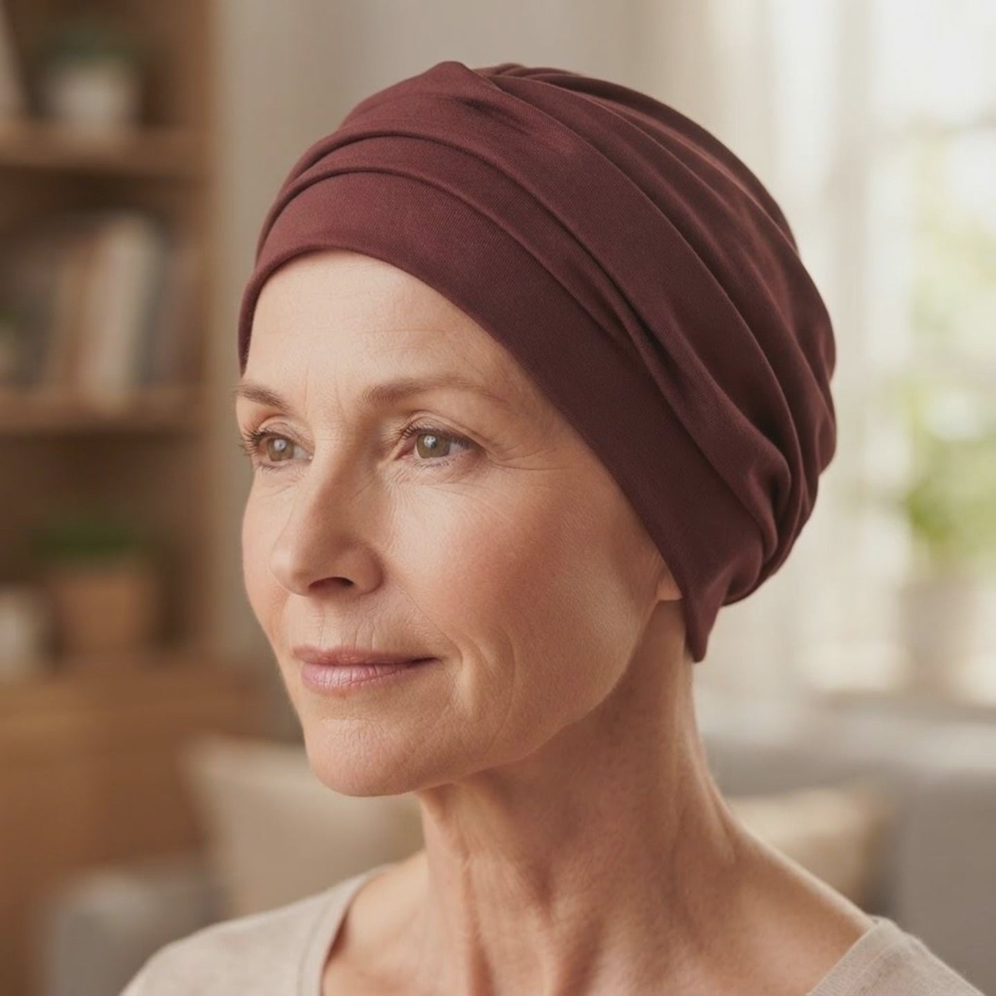 A video of a woman wearing a burgundy hat for hair loss in a lifestyle setting