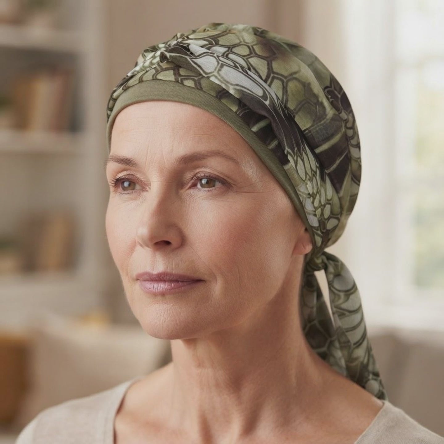 A woman wearing a green chemo headscarf looking to the camera and smiling in the video