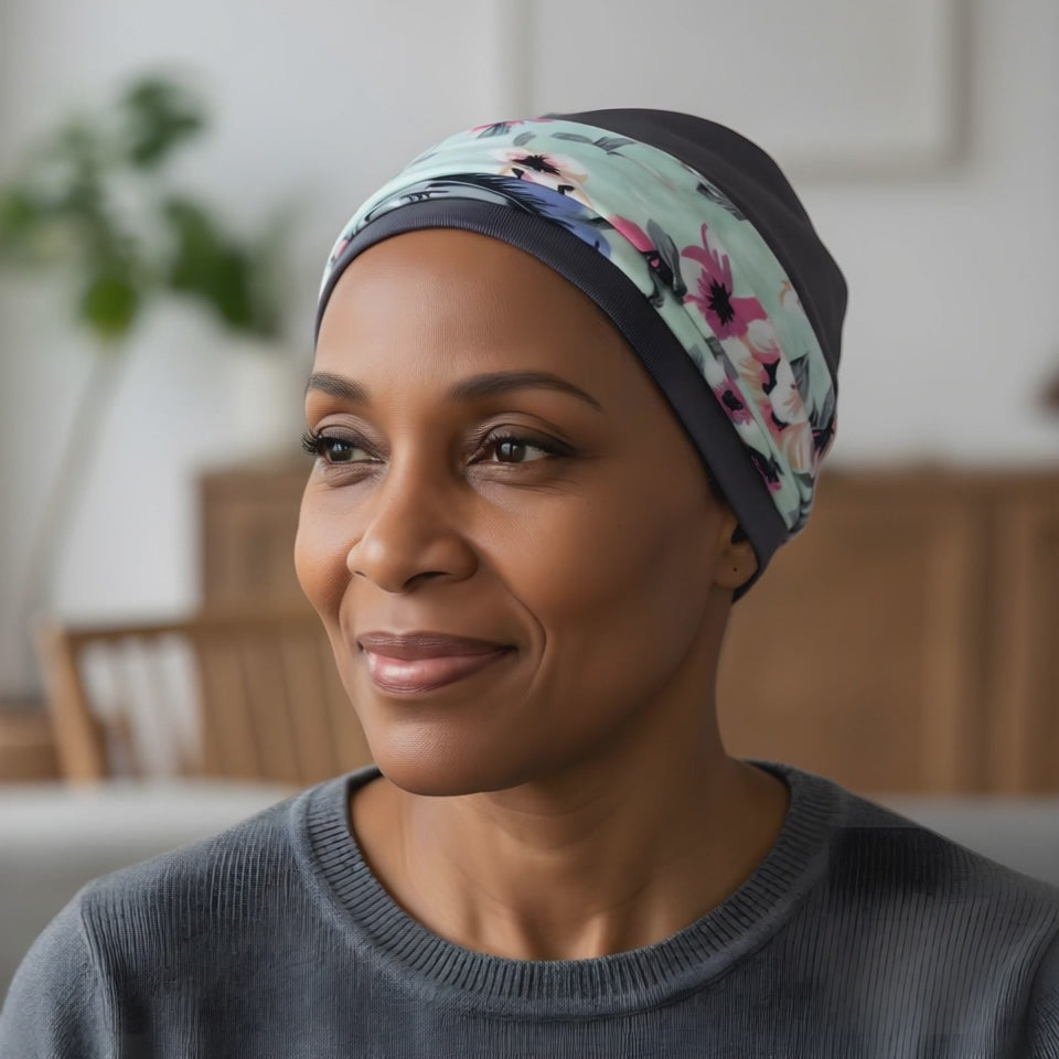 A woman wearing a chemo hat and headband set in teal and pink looking at the camera and smiling