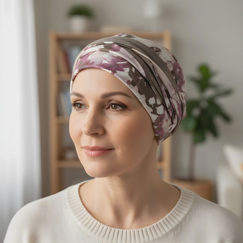 A woman wearing a chemo headscarf in pink looking at the camera and smiling