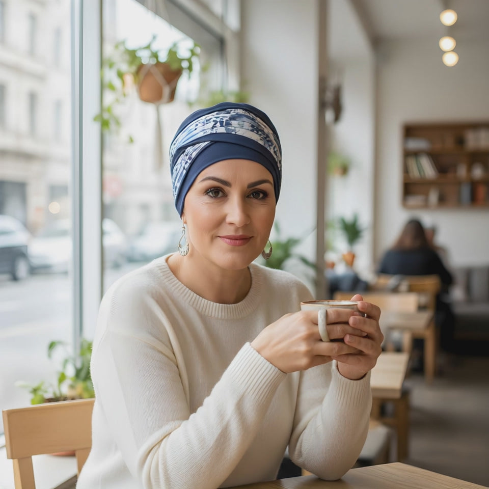 A woman wearing a chemo hat and in blue looking at the camera and smiling