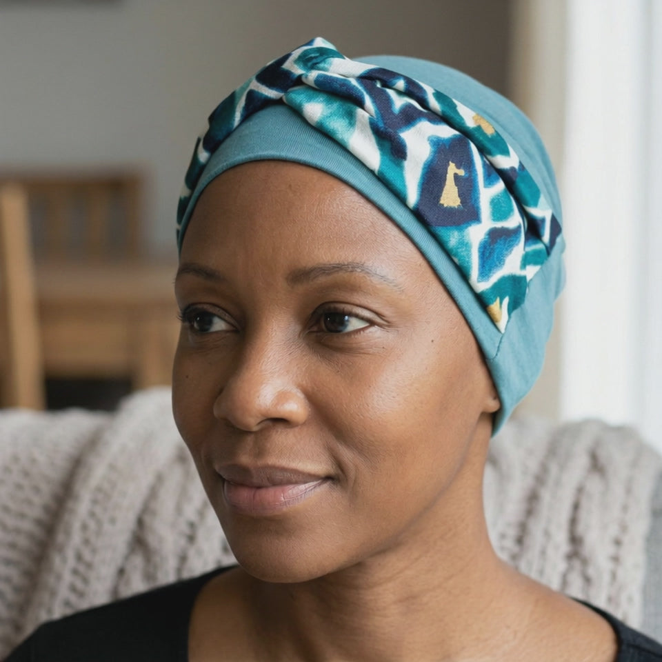 A woman wearing a chemo hat and headband in blue looking at the camera and smiling