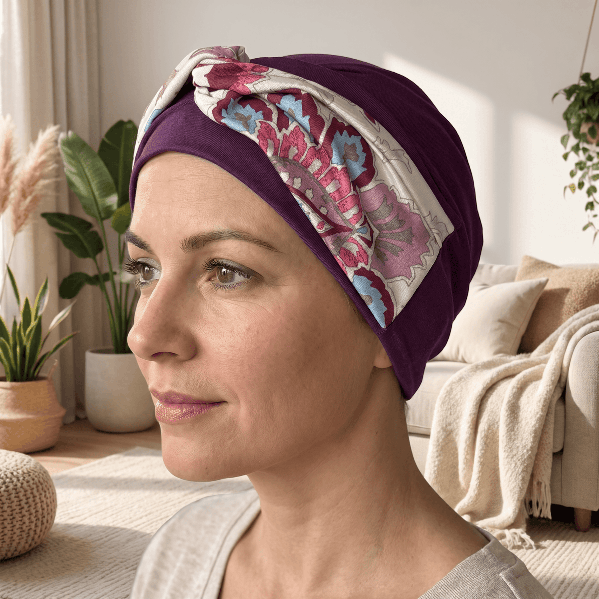 A woman wearing a deep purple chemo headwrap with a colourful floral pattern in pink, blue, and white, shown in a brightly lit living room setting.
